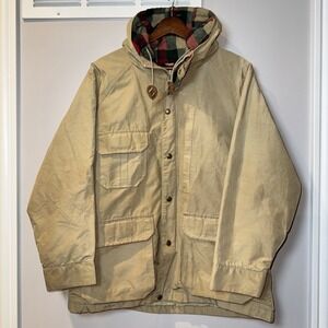 Vintage WoolRich Sz L Women Flannel Lined Full Zip Hood Coat Jacket Khaki Cuff *